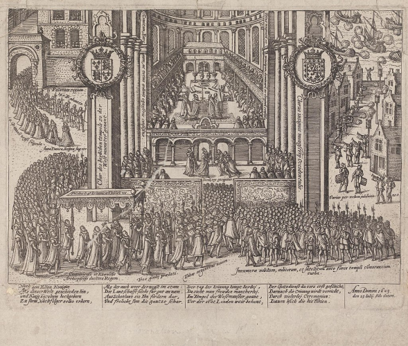 An engraving of Westminster Abbey at Anna and James' English coronation. It has a cutaway view of James entering the Abbey with a giant crowd of nobles in front. Coming in from the side, Anna is leading a procession of women.