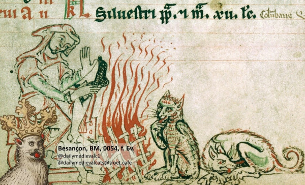 Picture from a medieval manuscript: A person and a cat each cleaning their feet by a fire, a dog lying next to it
