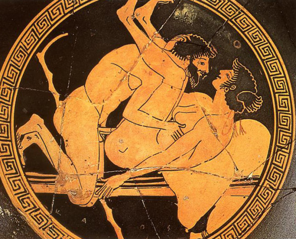 Red-figure vase painting depicting a man penetrating a woman in the missionary position with her legs lifted to his shoulders.