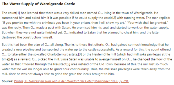 German folk tale "The Water Supply of Wernigerode Castle". Drop me a line if you want a machine-readable transcript!