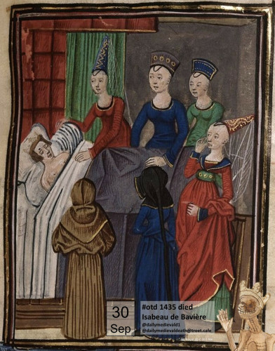 The picture shows the ruler on her deathbed, surrounded by faithful