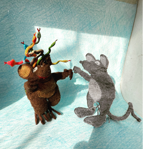 Photo of Minimus and Minima the Latin mice. Minima is Medusa, with a fine coiffure of snakes, and Minimus is a stone statue of a mouse, transformed by the Gorgon's stare.