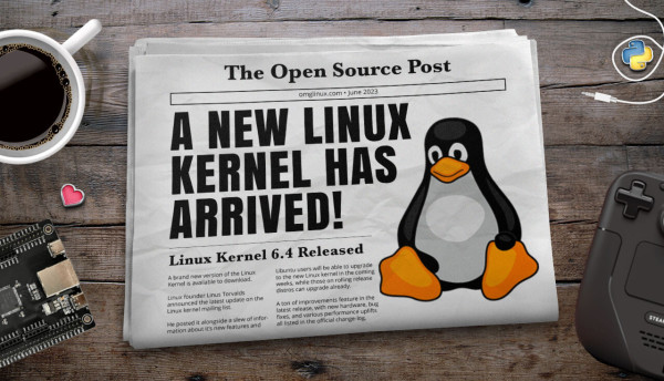 a newspaper mock up with a headline that reads "a new Linux kernel has arrived", with an inset picture of Tux, the Linux mascot. 