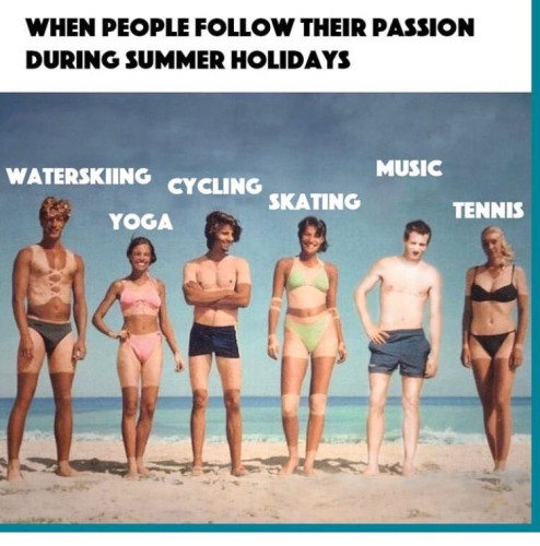 Meme showing various people who are partially sun tanned due to different sports clothing, and one musician who is completely pale.