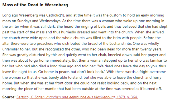 German folk tale "Mass of the Dead in Wesenberg". Drop me a line if you want a machine-readable transcript!