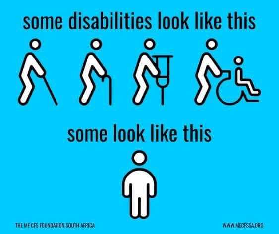 Some disabilities look like this
(images of 4 people with visible disabilities) and some look like this (an image of someone who has no visible disability)
