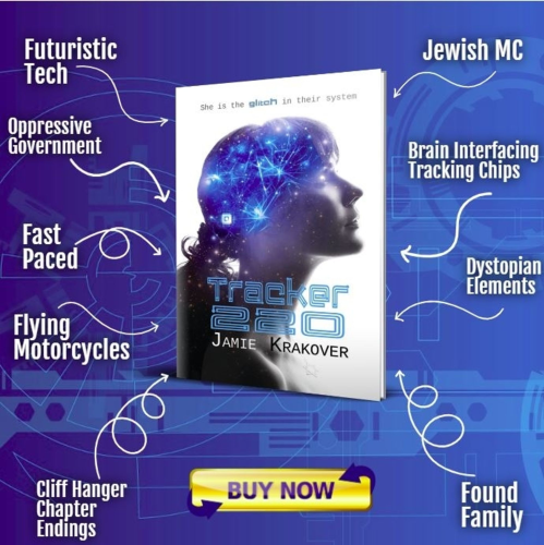 A graphic featuring the cover of Tracker220 with a cloud of tropes surrounding it, each pointing to the book cover. The named tropes are: "Futuristic tech. Jewish main character. Brain-interfacing tracking chips. Oppressive government. Fast-paced. Dystopian elements. Flying motorcycles. Cliffhanger chapter endings. Found family."
