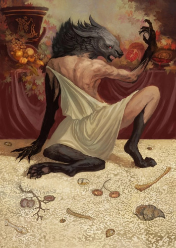 A painting of a part-man, part-wolf. They sit on a mosaic floor of food scraps. Behind them is a Greek krater and the remains of a banquet.