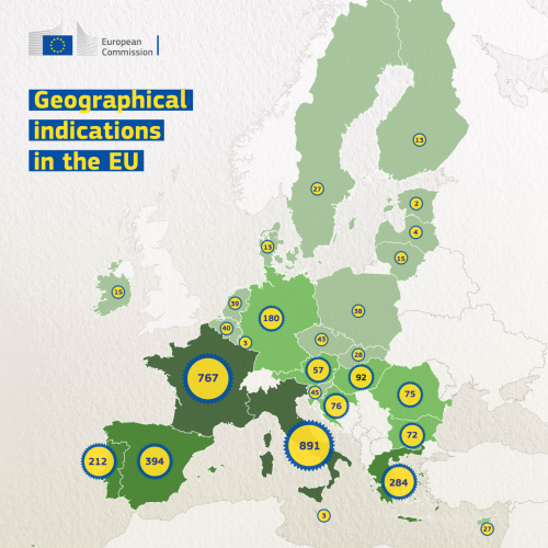 A map of the EU titled "Geographical indications in the EU."
 
On top of each EU country, there are blue ribbons containing the number of Geographical Indications that country has:
 
Italy: 891
France: 767
Spain: 394
Greece: 284
Portugal: 212
Germany: 180
Hungary: 92
Croatia: 76
Romania: 75
Bulgaria: 72
Austria: 57
Slovenia: 45
Czechia: 43
Belgium: 40
Netherlands: 39
Poland: 38
Slovakia: 28
Cyprus: 27
Sweden: 27
Ireland: 15
Lithuania: 15
Denmark: 13
Finland: 13
