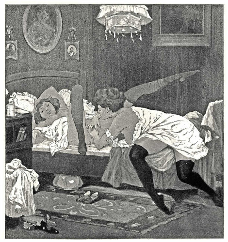 A black-and-white image of two white women engaging in sexual activities on a bed. One lady is on her back, her legs splayed wide as the second woman fingers her with both hands, one of her hands holding open the labia and the other penetrating the vagina. The woman on her back smiles as she watches the other's explorations. They both wear long socks or stockings and loose white nighties.
