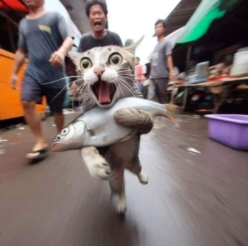 Eine Katze rennt mit einem Fisch auf den Vorderpfoten und weit aufgerissenen Augen und Mund vor wütenden Menschen (scheinbar Markthändlern) davon.
Links und rechts stehen Buden