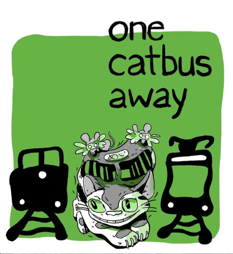 Square cover with a train on the left and Lightrail on the right drawn in wobbly black lines. Between them is a grinning Catbus that’s also wobbly but drawn with more detail.