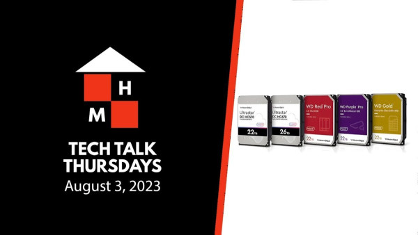 A split thumbnail featuring the Tech Talk Thursdays logo and date (August 3, 2023) on the left and display of high capacity Western Digital hard drives on the right.