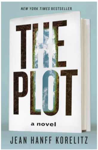 Book cover for New York Times Bestseller The Plot (a novel) by Jean Hanff Korelitz

Cover shows a a picture of a white hardcover book with the title "The Plot" (a novel). The title is overlaid on a picture of a blue sky and clouds looking up from the bottom of a grave. 