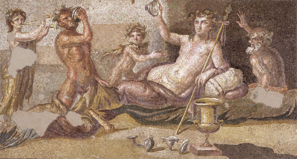 The God of Wine, Dionysos, and Herakles, his mortal half-brother, are engaged in a drinking contest. A maenad is playing the diaulos to the left, Silenos is watching the contest and apparently cheering for his foster son Dionysos on the right.
Dionysos is shown reclining, his legs wrapped in a purple himation. He is holding his thyrsos and his left arm and is casually upturning the silver cup in his right to demonstrate that it is empty while Herakles is still shown drinking. Several empty silver cups are shown on the floor between them, next to a wine krater, to demonstrate that this contest has been going on for a while. Herakles is shown with his iconic lionskin and club but he is wearing vine and ivy in his hair as befitting such a Dionysian setting. He is depicted as a tan, bearded, masculine man while Dionysos is as pale as his maenad, a sign of feminity.