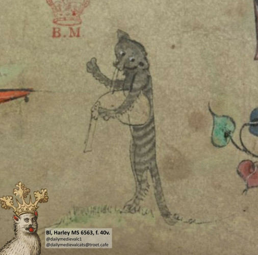 Picture from a medieval manuscript: A cat with bagpipes turns in greeting