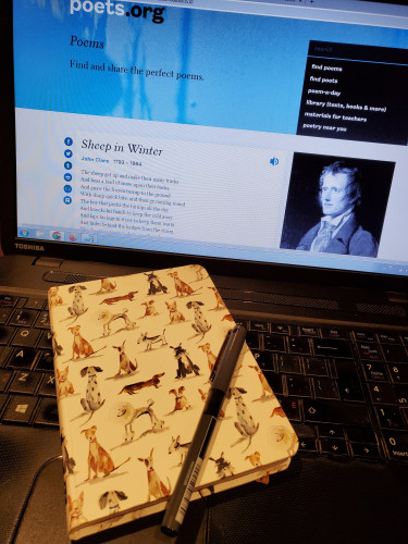 A small notebook with cartoon dogs on the cover sits on a computer keyboard with a black pen. On the computer screen is the poem "Sheep in Winter" by John Clare, accompanied by a picture of the poet.