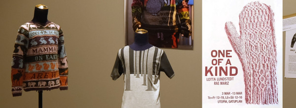 art show graphic with screen printed T-shirt and hand-knitted sweater
