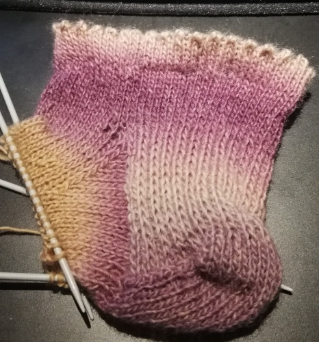 Beginning of a knitted sock still on the needles. The ankle and the heel are already made. 