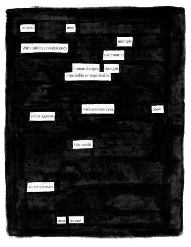 The picture shows a blackout poem extracted from the first pages of the book War of the Worlds by H.G. Wells.