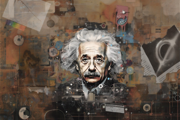 "Einstein: Autistic Prophet of Dark Time" original illustration by Johnny Profane Âû. A hero portrait of Einstein in a collage tableau including objects related to time. Major objects: black hole, melting clock, timepieces, original E=mc² formula, melting clock, more.