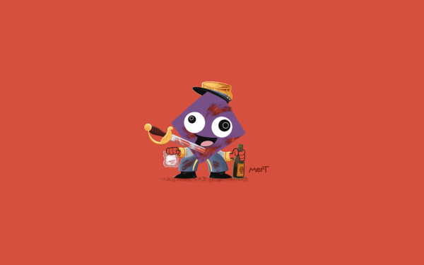 Dom, a purple diamond, is dressed as a Civil War cavalry officer from the Confederacy. (BOOOOOOOOOO).

He is bloody and has a sword through his chest (YAYYYYYYY) and holds a bag of cocaine in one hand and a bottle of wine in the other.