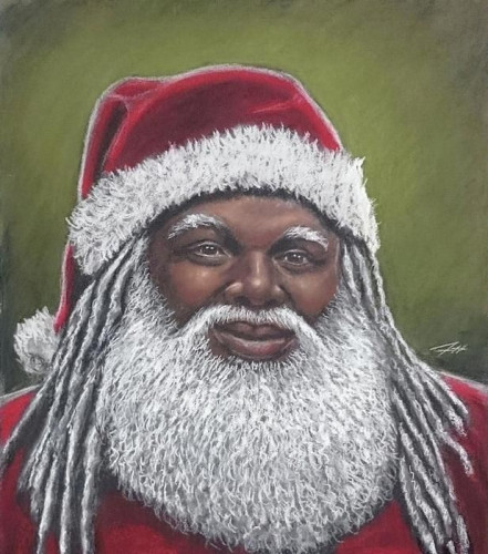 An image depicting an African American Santa Claus with a greyish-white beard & locs. Perfect for those looking for images of a Black Santa Claus for their home