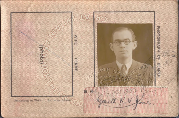 Page of Gareth Vaughan Jones's passport issued in 1930, including a passport photo of him with a neat haircut, round specs, wearing a suit and tie. Jones used this passport during his time exposing the Holodomor for what it was.