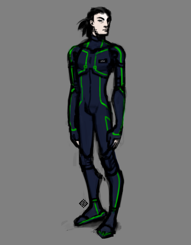 Scifi man with long hair, particularly elongated limbs, and a Tron inspired dark blue suit with green lights and a black name tag 