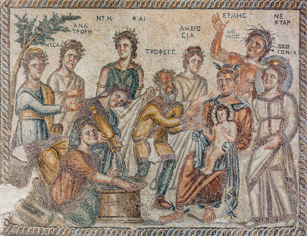 Mosaic of the nymphs of Nysa preparing a bath for the newborn baby Dionysos. He is sitting on Hermes’ lap. The satyr Tropheus is extending his arms to take the child from Hermes, who is wearing a winged crown. Also in the scene are Anatrophe (“upbringing”), as well as Ambrosia and Nektar, the food and drink of the gods). Behind Hermes is Theogonia, presumably the personification of the “birth of the gods” (for that is what her name means).