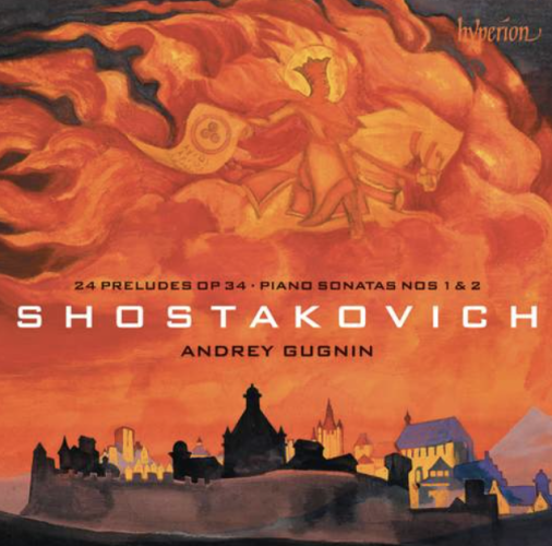 Album cover, Shostakovich: Preludes & Piano Sonatas. Well, there appears to be a large fire burning over what looks like Russian architecture, a town or city. Within the fire, which takes up most of the cover, there is a man with a crown on a horse, holding either a flag or a letter. He is the same color as the fire so he is easy to miss. The symbolism is obvious, given Shostakovich's blending in and out of Russian society. 
