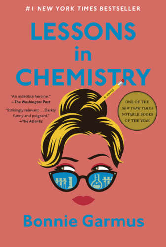 Bonnie Garmus' "Lessons in Chemistry" book cover. A blonde woman with red lips, a Nº 2 pencil in her hair and a cat-eyes glasses in a guava pink background.
