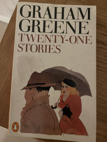Front cover of the Penguin edition of Twenty-One Stories featuring a drawing of a man in raincoat and hat and a blonde woman with rosy cheeks and a beret holding an umbrella