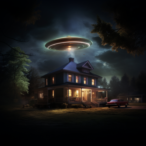 A flying saucer hovers above a rural home in the night.