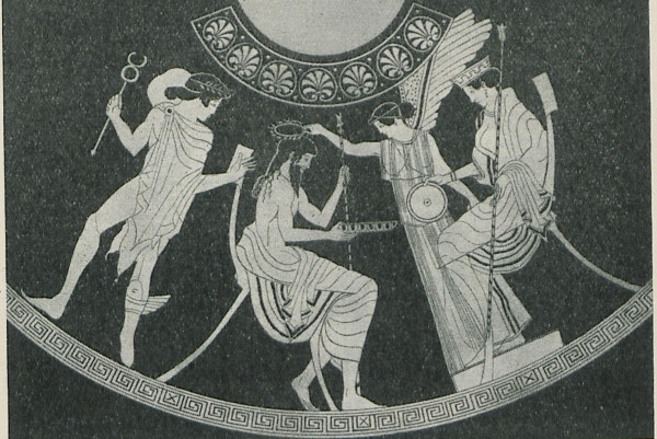 Red-figure vase painting of Hermes, Zeus, Nike, and Hera. Zeus is seated opposite to Hera. Nike (rather than Iris) crowns his head. Hermes starts away, prepared to do his father's bidding.
