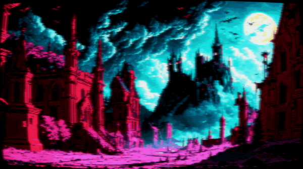 Pixel art of a vampire castle, a spectral silhouette that pierces the heart of an unsuspecting cityscape, shrouded in an ethereal shawl of ghostly fog. It looms with an undeniable menace, a stark, jarring contrast to the commonplace structures that meekly crowd around its imposing façade. Bathed in an otherworldly glow of hot pink and cyan, the castle breathes an uncanny vibrance into the scene, a surreal mirage amidst the monochrome monotony. The castle, an unholy citadel, stands sentinel over the valley of the damned, its foreboding presence a stark reminder of the city's eerie underbelly. Each tower, each rampart, each stone imbued with a profound sadness, a melancholia that permeates every corner. This is no mere structure, but a monument to sorrow, its sorrowful resonance echoing amidst the muted hum of the city, a lamentation in the language of light and shadow. The image has a CRT filter applied.