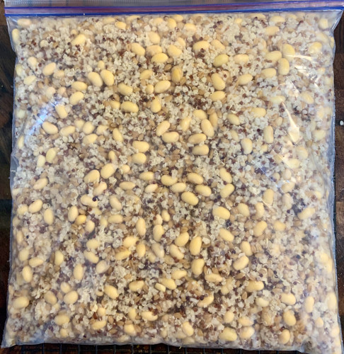 A Ziploc bag lying flat and fillet with a mix of cooked soybeans and cooked mixed grain.