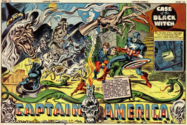 Double page spread by Jack Kirby & Joe Simon from Captain America Comics #8, Timely (Marvel) Comics, November 1941. Captain America & Bucky in red, white, and blue attempt to rescue a girl in a green dress in a gothic castle as they are surrounded by various knights, demons, ghosts, goblins, and one very frightful witch.

“𝗖𝗔𝗦𝗘 𝗼𝗳 𝘁𝗵𝗲 𝗕𝗟𝗔𝗖𝗞 𝗪𝗜𝗧𝗖𝗛”

“IN THE DARK STONY VASTNESS THAT IS HAGMOOR CASTLE, A LONELY, FRIGHTENED GIRL SPENDS A NERVE-WRACKING NIGHT”

“OUT OF THE PAGES OF MEDIEVAL HISTORY STEPS GOBLINS, GHOSTS, VAMPIRES AND HORRIBLE DEMONS HAUNTING THE CRUMBLING WALLS OF HAGMOOR CASTLE! CAPTAIN AMERICA AND BUCKY MEET THE SUPREME TEST OF THEIR BLAZING CAREER, AS THEY FIGHT BLACK MAGIC IN THE HANDS OF THE BLACK WITCH!”