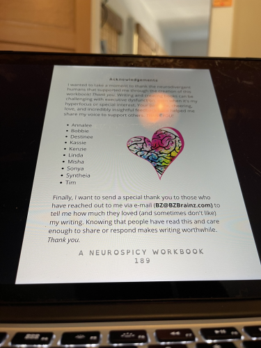 The acknowledgement page of the work book looming on my tiny computer screen. 