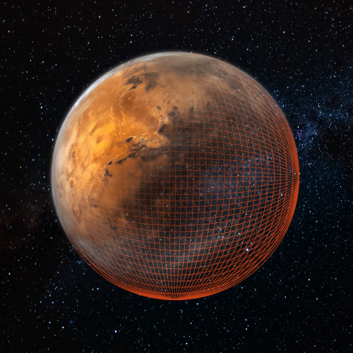 Space setting. A large, graphical sphere is positioned in the centre of the image. The planet Mars is superimposed on to the sphere, fading towards the right