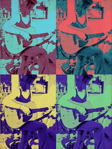 A grid of four identical photos of me playing guitar, each with a different color filter: blue, red, yellow, green.