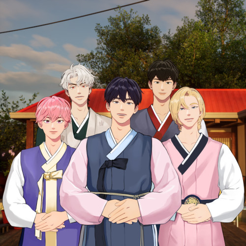 5 member virtual kpop group Plave wearing hanbok (traditional Korean clothing)