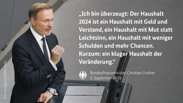 Christian Lindner am Rednerpult im Bundestag: "Ich bin überzeugt: Der Haushalt 2024 ist ein Haushalt mit Geld und Verstand, ein Haushalt mit Mut statt Leichtsinn, ein Haushalt mit weniger Schulden und mehr Chancen. Kurzum: ein kluger Haushalt der Veränderung."