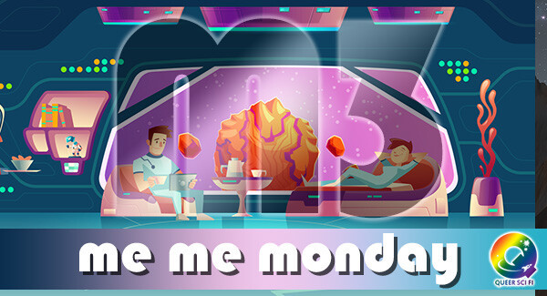 cartoon of a space station lounge, asteroids visible outside large view window, two astronauts lounging inside - Me Me Monday header