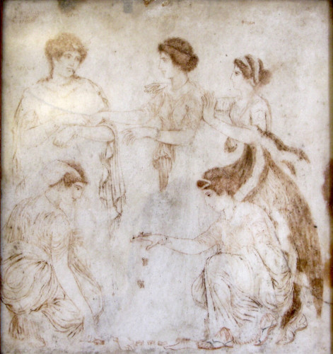 Fresco appears almost a line drawing in brown hues against a cream background. There are three women standing up. Phoebe, the Titan, seeking to offer reassurance to Latona and Niobe. Two of Niobe’s daughters play knucklebones in front of the other three women adding a sense of innocence about their impending fate. They will soon be killed by Apollo and Artemis on account of Niobe’s boasting which has upset the gods.