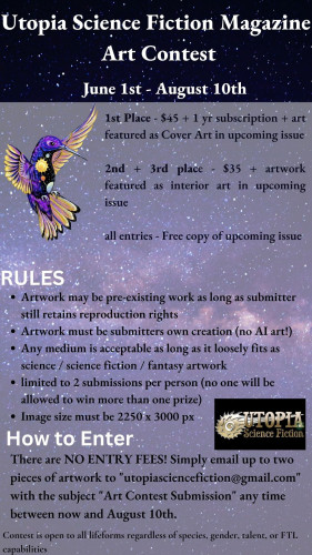 Flyer detailing rules for Utopia's art contest. Purple background filled with stars and our hummingbird logo in upper left corner.