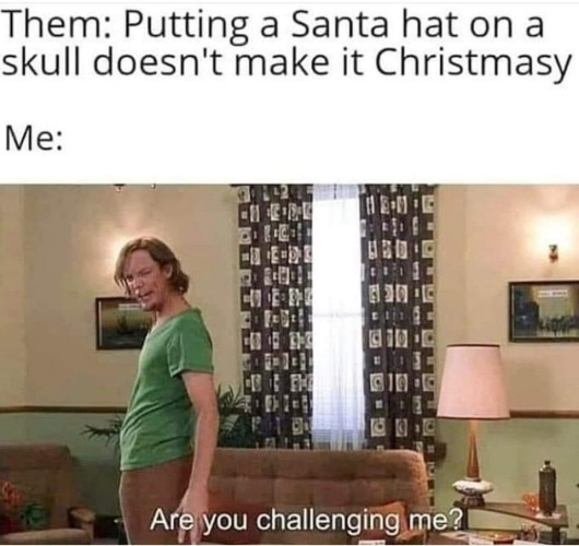 Text:
Them: Putting a Santa hat on a skull doesn't make it Christmasy

Me:
[Picture of Matthew Lillard saying]
Are you challenging me?