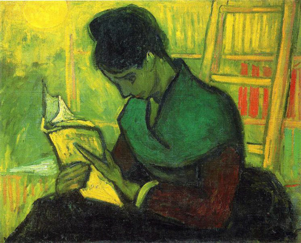 Oil painting of a woman reading a book in front of a tall bookcase with a ladder in front of it.