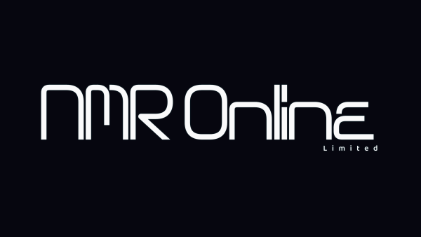 The NMR Online Limited company logo. Retro-futuristic style, set on a dark blue background, with off-white, glowing typography