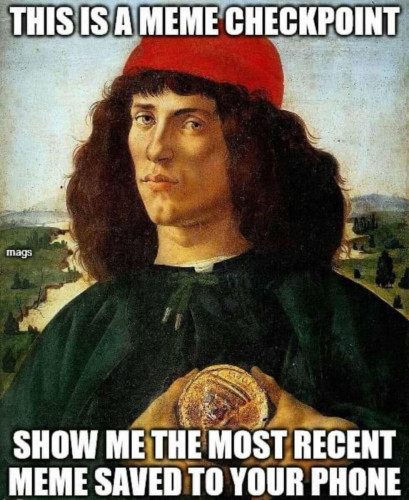A portrait of a renaissance figure wearing a green cloak and red skull cap. 
THIS IS A MEME CHECKPOINT

SHOW ME THE MOST RECENT MEME SAVED TO YOUR PHONE